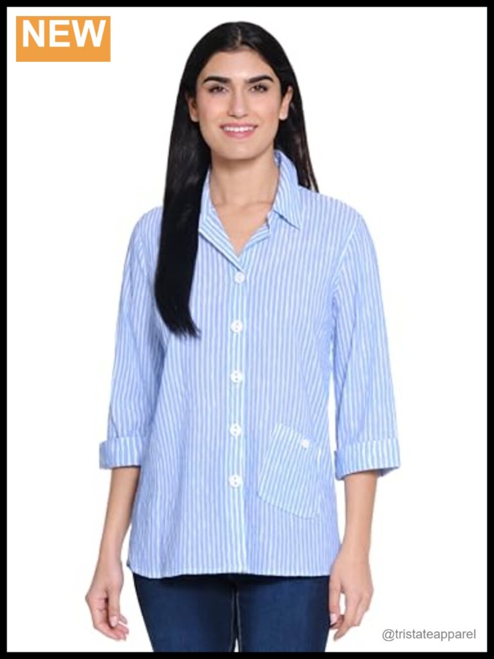 Woven Cotton Button Front Blouse 3/4 Sleeve Cuffed Front Pocket